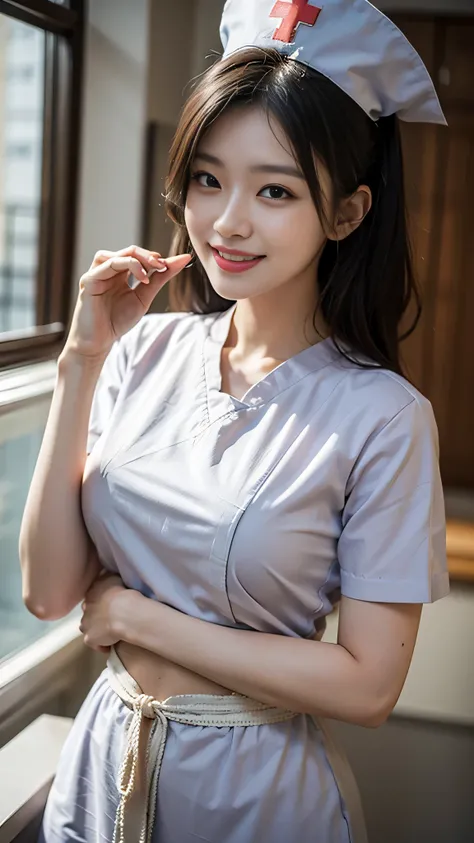 Bright smile, open mouth, loud laugh,Asian girl, kpop idol, ((nurse)), ((top quality, 8k, masterpiece: 1.3)), crisp focus: 1.2, beautiful woman with perfect figure: 1.4, highly detailed face and skin texture, detailed eyes, Look back:1.3, ((skinny)), beaut...