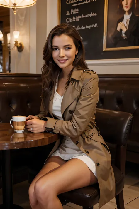 Belle fille , cheveux noirs , Souriant dans un restaurant chic, vêtu d&#39;un trench-coat chic et de talons hauts .. assis dans une côtelette de café et buvant du café