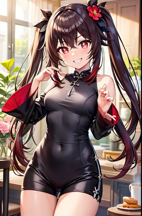 (highest quality), (table top), ((beautiful:0.75) pretty girl:0.75), (Nudity 2.0),Rampaging Milk、[Clear and clean] pixiv (figure), (Futao/(genshin impact/)), red eyes, flower shaped pupil, have, long brown hair, bangs, twin tails, cheongsam clothing, black...