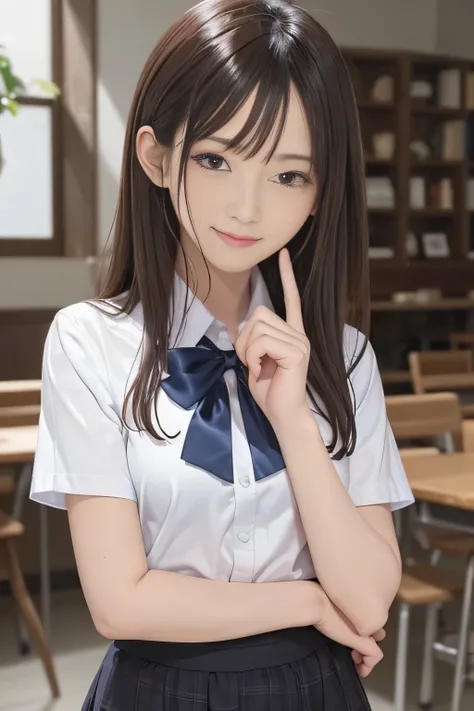 15 year old student、brown hair、beautiful eyes、skin that looks real、high school girl、、(8K、masterpiece)、(realistic、Photoreal)、highest quality、very detailed、Super detailed、Beautiful woman、cute、Japanese、laughter、close-up portrait、Healthy face、school uniform、pl...