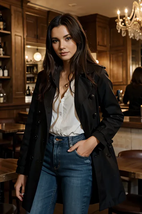 Belle fille , cheveux noirs , Souriant dans un restaurant chic, vêtu d&#39;un trench-coat and long jeans chic et de talons hauts .. assis dans une côtelette de café et buvant du café