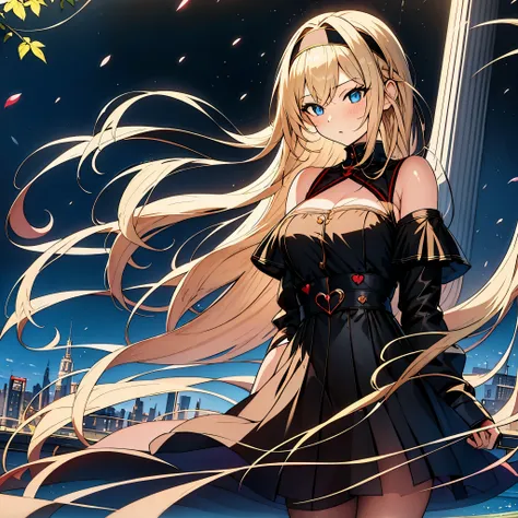 (masterpiece, best quality:1.2), 1girl, solo, blond hair, blue eyes, black and red dress, gothic, black hairband, city scape, id...