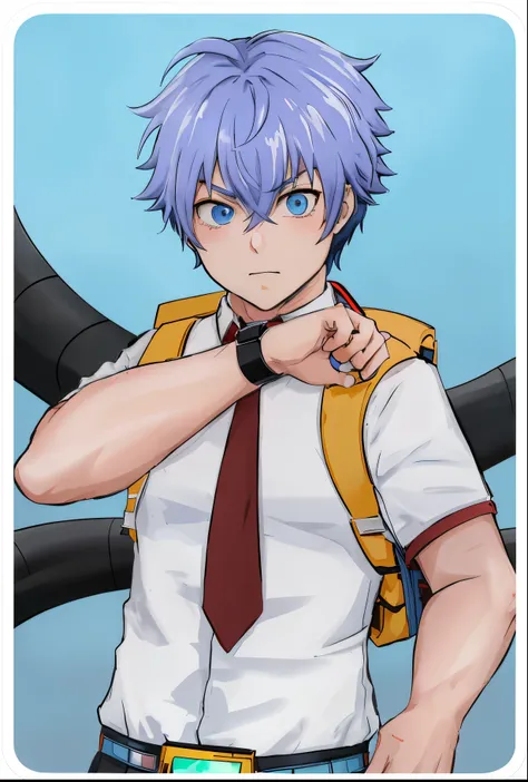 anime guy with blue hair, red tie, white school uniform with collar, blue eyes, yellow backpack,2d anime style, black watch, doctor octopus, anime style character, masterpiece, high resolution, ultra resolution, 8k, serious face, young teenager