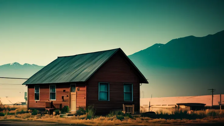 old very small house in an american neiberhood, a bit warm cinematic colors