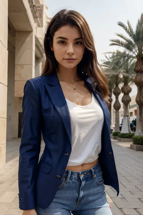 fille dans un blazer chic et une chemise en t et un jean à uae dubai