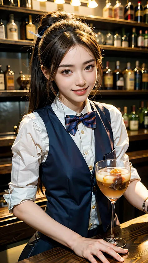 highest quality, masterpiece, ultra high resolution, (realistic:1.3), (Over the bar counterの肖像画) RAW photo, 1 girl, 22 years old,slim body,((Bartender vest with bow tie)),((Over the bar counter)),((Bar Lounge)),((Bartender costumes)),(bun hair),neat and be...