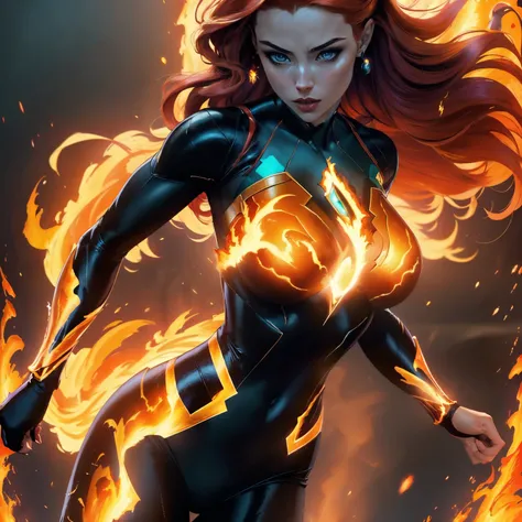 Create a stunning masterpiece featuring a beautiful girl channeling her fiery superpowers. Depict her with the grace of a modern-day Rembrandt, embodying the essence of both beauty and power. Imagine her as a fusion of the Human Torch from the Fantastic Fo...