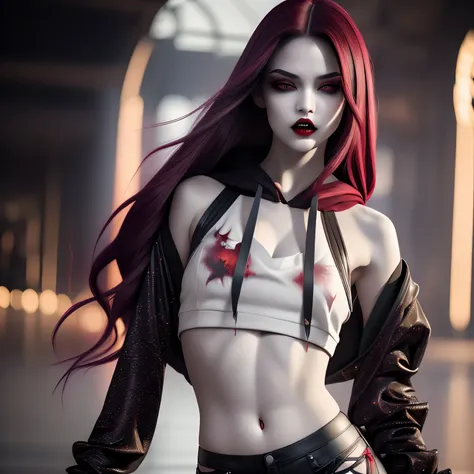 create a hauntingly beautiful rebellious vampire girl with pale grey skin and deep red lips showing (2 vampire incisor fangs pre...