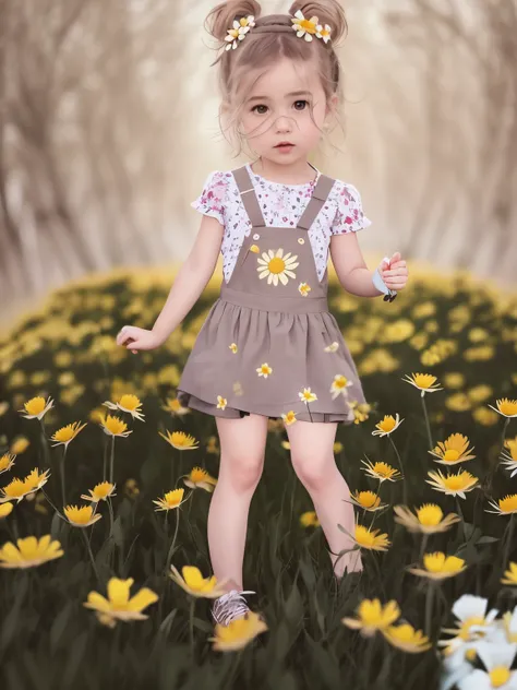 there is a digital painting of a  in a field of flors, corpo todo:: tempo ensolarado::, in a field of flors, inspirado em Claire Hummel, Mudar, Katelynn mini estilo fofo, flor , standing in a flor field,  pequena, Buttercups, Lalafell, cortado livremente, ...