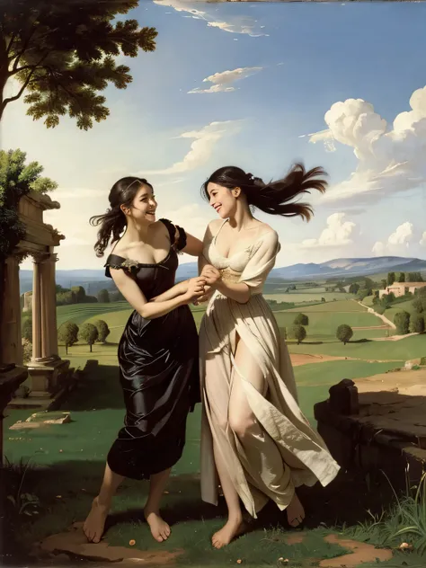 full body portrait,Ancient Roman ruins,Poussin-style landscape,A smile,,Sweet and seductive appearance.、Caravaggios paintings、Chiaroscuro of Caravaggio、Hair disheveled in the wind,Two women frolicking,Cute smile, Expression of ecstasy,A sexy,Erotic