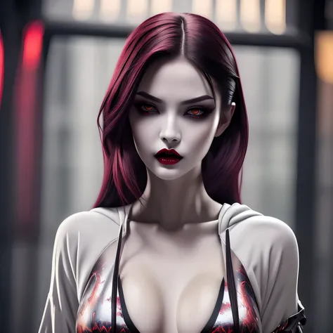 create a hauntingly beautiful rebellious vampire girl with pale grey skin and deep red lips showing (2 vampire incisor fangs pre...