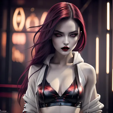 create a hauntingly beautiful rebellious vampire girl with pale grey skin and deep red lips showing (2 vampire incisor fangs pre...