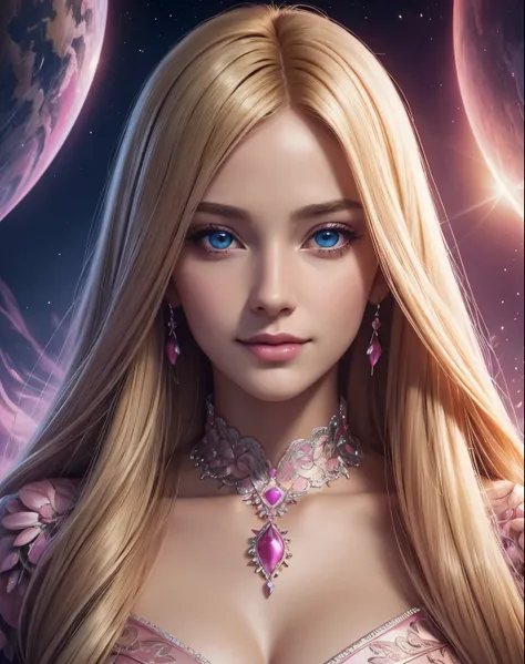 Portrait, beautiful woman with long blonde hair and a silky pink dress, hourglass figure, symmetrical figure, highly detailed face, beautiful face, calming blue eyes, lush pink lips, smiling, alluring, stunning digital illustration, cosmic fantasy backgrou...