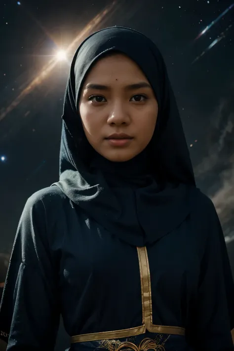 Visualize the Indonesian girl in hijab as a guardian of the galaxy, with celestial elements like planets and stars surrounding her. Use cosmic colors and lighting to convey her role as a protector of the universe, 28mm lens, Establishing shot, High Contras...