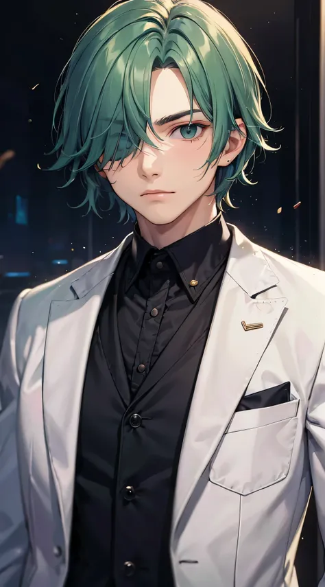 portrait of european man,solo,25yo,serious face,green hair over one eye,medium sidecut, sharp focus,black business suit, white coat