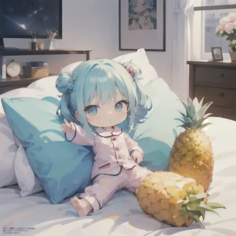  bedroom, chibi in one piece pajamas holding a pineapple, 3DCG, anime art wallpaper 8k, masterpeace, gweiz style artwork, soft anime illustration, gweiz art station pixiv, Google on Pix Art station, expressionless chibi holding a pineapple, light blue chig...