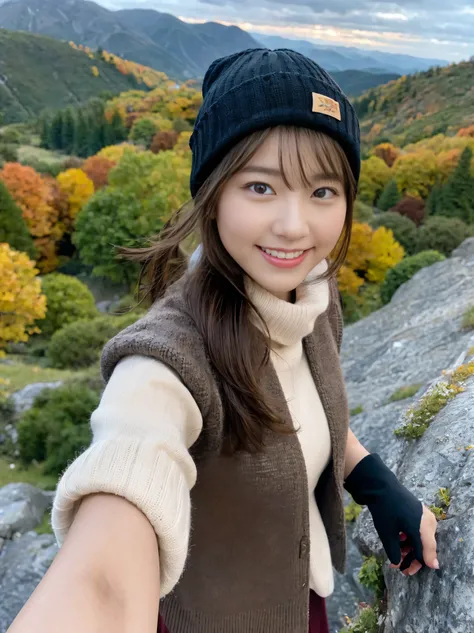 (Upper body selfie:1.3),Autumn climbing,With a superb view from the summit in the background,autumn leaves、beautiful sunrise,Remove the beam from above,Backlight,Generate images of beautiful women around the world,Especially while reflecting elements of We...