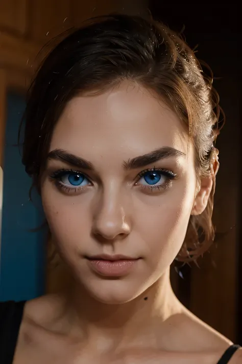 blue eyes with a lustful playful look, eyebrows are thin and far apart