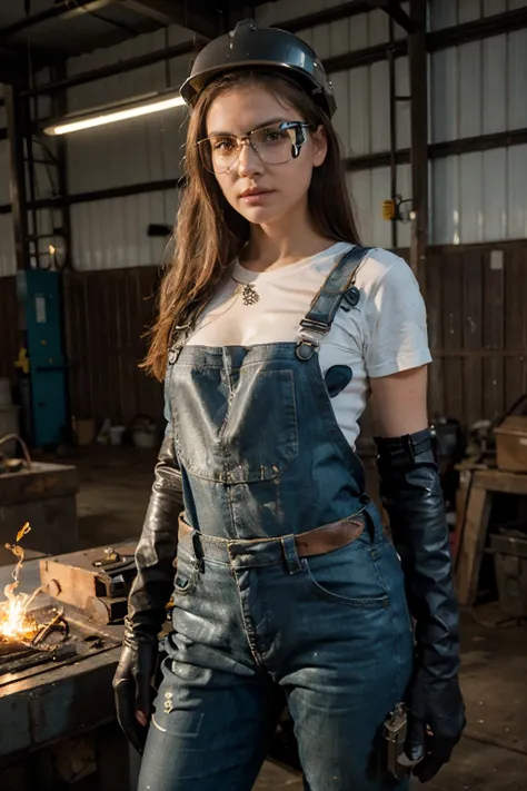 Young Beautiful girl,welder,safety glasses,focused expression,protective gear,brightly-lit workshop,and welding torch,welding helmet,metalwork,craftsmanship,industrial setting,radiant heat,fine detail,sleek and modern style,solid craftsmanship,passionate d...