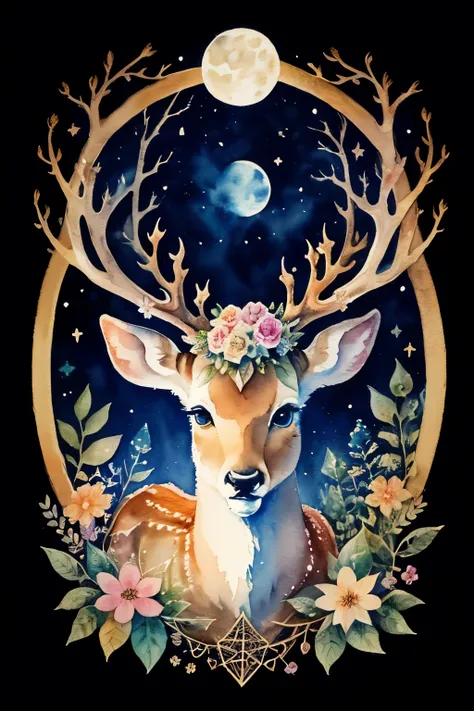 ((animal，watercolor painting，deer))，flower crown，cute，cute，Bambi，adorable，magical forest background，star，moon，Sparkling，colorful flowers，Flowers blooming around，fantastic forest，(fantasy，hand-drawn style，like an illustration，gentle shades，masterpiece，tarot...