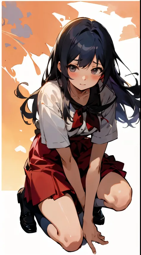 Anime girl in red skirt and white shirt leaning on her knees, Yandere, Kushat・クレンツ, Sirabii, ガプモエYandere, Kushat・ケンツ, Yandere. tall, Hanayamata, anime moe art style, Kushat, Gwythe, various poses, official art, Ilya Kuvshinov、put one hand forward