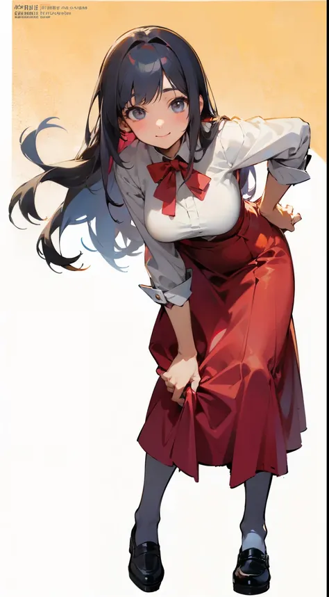 Anime girl in red long skirt and white shirt、 smile. tall, , anime moe art style, , official art, Extend your right hand towards you、Pose to pass with hand、a little bent over、whole body、leather shoes、big breasts、black hair、turn your palms up