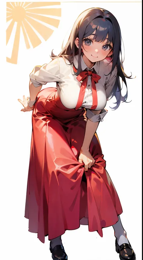 Anime girl in red long skirt and white shirt、 smile. tall, , anime moe art style, , official art, Extend your right hand towards you、Pose to pass with hand、a little bent over、whole body、leather shoes、big breasts、black hair、turn your palms up