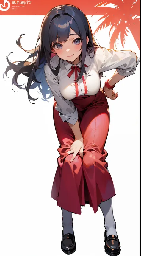 Anime girl in red long skirt and white shirt、 smile. tall, , anime moe art style, , official art, Extend your right hand towards you、Pose to pass with hand、a little bent over、whole body、leather shoes、big breasts、black hair、turn your palms up