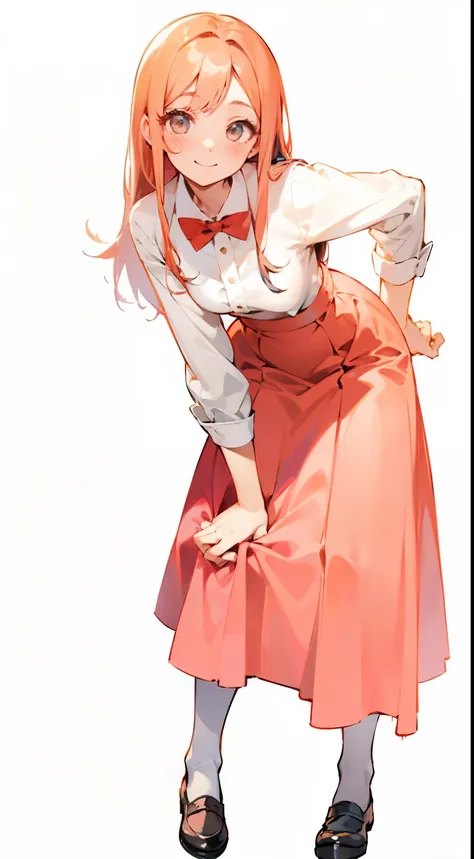 Anime girl in red long skirt and white shirt、 smile. tall, , anime moe art style, , official art, Put your right hand forward、Pose to pass with hand、a little bent over、whole body、leather shoes