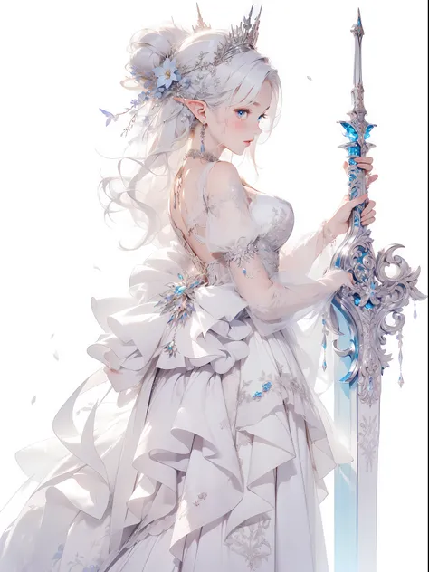 ((8k wallpaper of extremely detailed CG unit, ​masterpiece, hight resolution, top-quality, top-qualityのリアルテクスチャスキン)), (very beautiful and attractive elf queen), The ((elf)) queen, with an air of determination, draws her sword in a simple yet elegant settin...