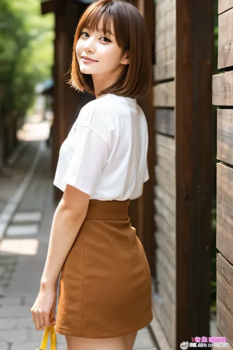 beautiful japanese woman　3０generation　short sleeve　super mini skirt　brown hair　