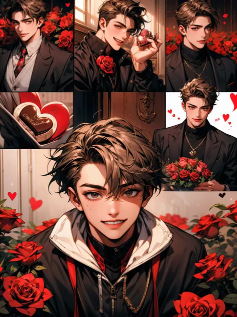 masterpiece, collage of teenage boy, valentine, happy, smile, chocolate, roses, hearts