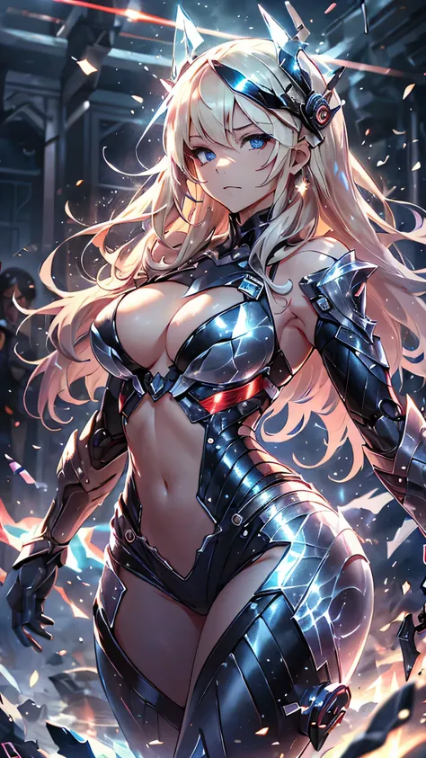 最high quality、best image quality、masterpiece、Android Girl((Robot body、20-year-old、 By becoming、vest bust、medium bust,wide open breast tea、black eye, blonde hair、long hair、thin,highest valley、glowing battle uniform、elationのある動き、Leaning forward heavily、Feeli...