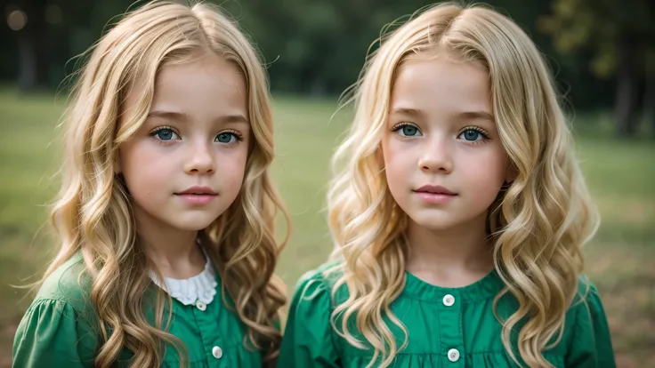 girl  blonde kids curly hair vintage, background green, ultra realistic, 8k