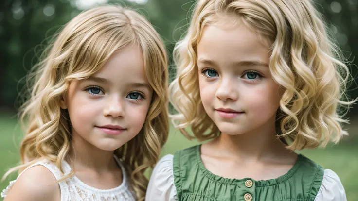 girl  blonde kids curly hair vintage, background green, ultra realistic, 8k