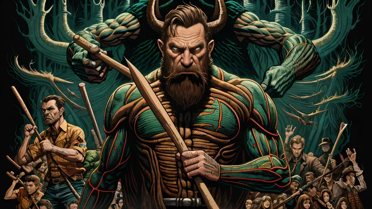 a poster of a man holding a bat in front of a giant monster, el bosco and dan mumford, in the art style of dan mumford, inspired by Dan Mumford, in the style dan mumford artwork, by Dan Mumford, ( ( ( ( ( dan mumford ) ) ) ) ), anton fadeev and dan mumford...