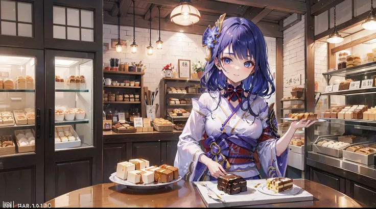 v1.0
Raiden Shogun|Genshin Impact, (best quality,8ก,Masterpiece), Girl with black hair and blue eyes, Wear a bakery uniform, Work in a traditional Japanese bakery to prepare traditional desserts., sparkling eyes, happiness.