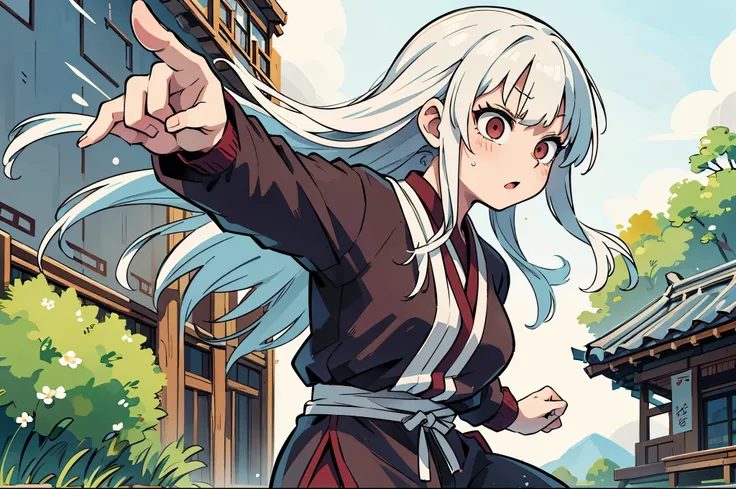 Girl, kung fu, white hair, Spirited Away, Atsushi Nakayama, pose, outdoors, natural light, frontal composition, martial arts, spirited, dynamic, energetic, youthful, action, determination, strength, martial arts training, adventure.