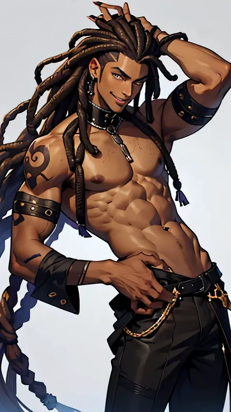 A young adult male who is tall. Hes a toned black-skinned man with long, dark brown dreadlocks, purple irises and handsome features. He has vitiligo spreading over his entire body in small patches and long, slim fingers ending in long, pointy nails. He has...