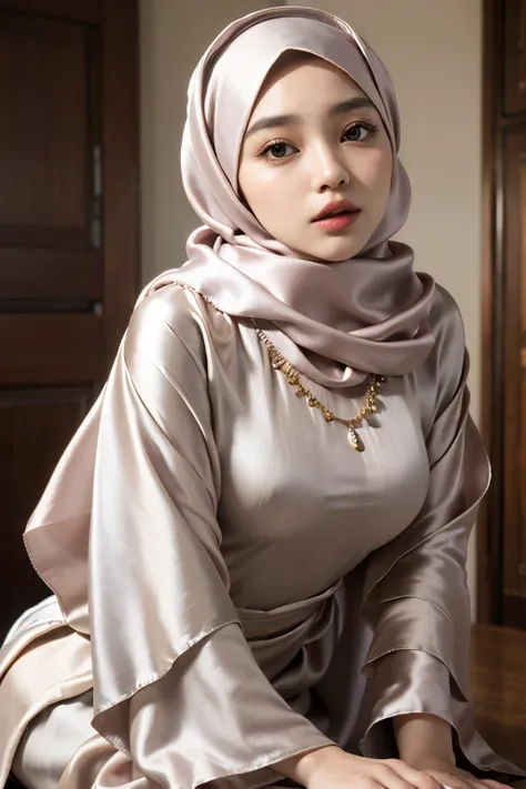 (Masterpiece, best quality, photography, detailed skin, realistic, photo-realistic, 8k, highly detailed, full length frame, High detail RAW color art, diffused soft lighting, shallow depth of field, sharp focus, hyperrealism, cinematic lighting, hijab, a w...