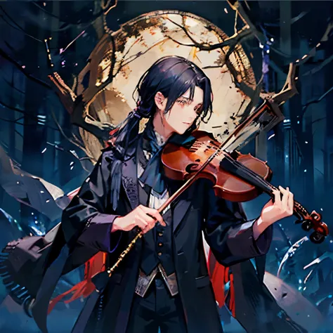 Mysteriously、A young man with his hair tied high、smooth black hair、There is a third one、hunter、he is wearing a stole with a moth-like pattern.、Playing the violin、Dark forest background、With keen eyes