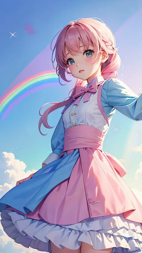 one girl、１２talent、Magical girl、anatomy、french braid、anime style、small breasts、cute face、cute clothes、combat uniform、、(((The background is pastel colored clouds:1.5、rainbow、blurred background)))、highest quality、High resolution、High resolution、cinematic ligh...