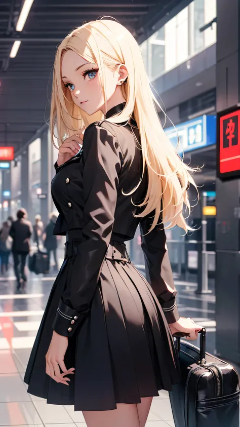 最high quality、best image quality、masterpiece、teenage girl((20-year-old、 By becoming、vest bust、medium bust,wide open breast tea、black eye, blonde hair、long hair、thin,highest valley、black suit、walk、black short skirt,chest、Eyeshadow Makeup、I have a carry bag、...