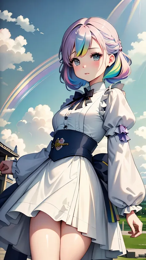 one girl、１２talent、Magical girl、anatomy、french braid、anime style、small breasts、cute face、cute clothes、combat uniform、、(((The background is pastel colored clouds:1.5、rainbow、blurred background)))、highest quality、High resolution、High resolution、cinematic ligh...