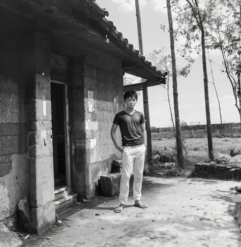 HD黑白逼真照片，a chinese boy，Standing in front of the old house，Facial emaciation，good facial features，Symmetrical facial features，Symmetrical ears、clear，五官超clear真实感，Wear short sleeves，衣服的纹理clear，white pants，sandals，There are trees in the back，There is grass，超cl...