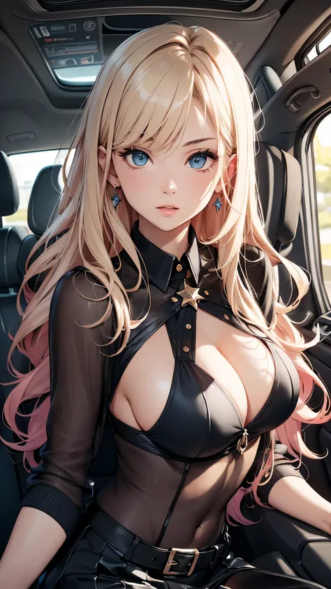 最high quality、best image quality、masterpiece、teenage girl((20-year-old、 By becoming、vest bust、medium bust,wide open breast tea、black eye, blonde hair、long hair、thin,highest valley、black suit、walk、black short skirt,chest、Eyeshadow Makeup、be at the forefront...