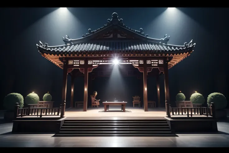 Stage design，Frame stage，Suzhou garden architectural style，Deconstruction of Suzhou gardens，Multi-tier platform，ink，Black and white color scheme，stage lighting