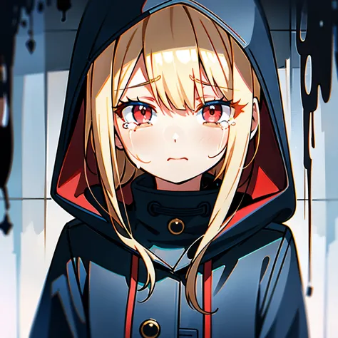 girl, blonde hair, red eyes, , look down, crying face, tears, blue rain coat, hood up, 