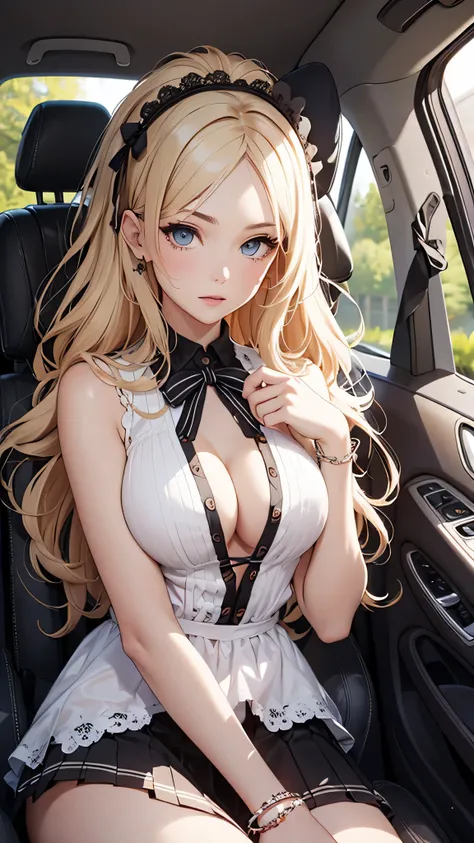 最high quality、best image quality、masterpiece、teenage girl((20-year-old、 By becoming、vest bust、medium bust,wide open breast tea、black eye, blonde hair、long hair、thin,highest valley、white dress、white short skirt,,chest、undressing)),high quality、beautiful art...