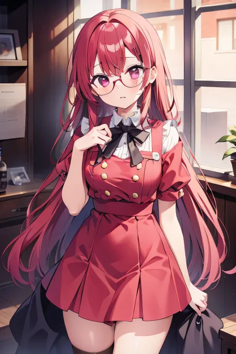 ojksfijsifjaejaej,seamasopfkoapsmfpoafmopamfoa, red hair, wearing glasses, akjdioajksodkawoekwoaekoawkeao, pink eyes, long hair, 9qieqei903u80924u823